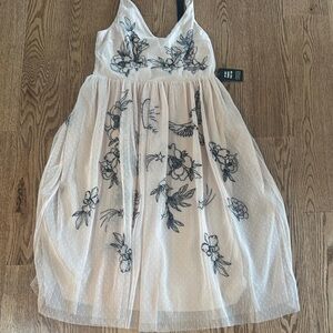 New Express Floral Cream Sheer Mesh Dress - with Black stitch